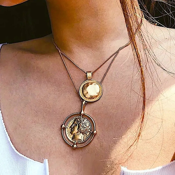 Gold Coin Pendant Necklace, Multilayer, Charm, Boho, Medallion - Picture 1 of 12